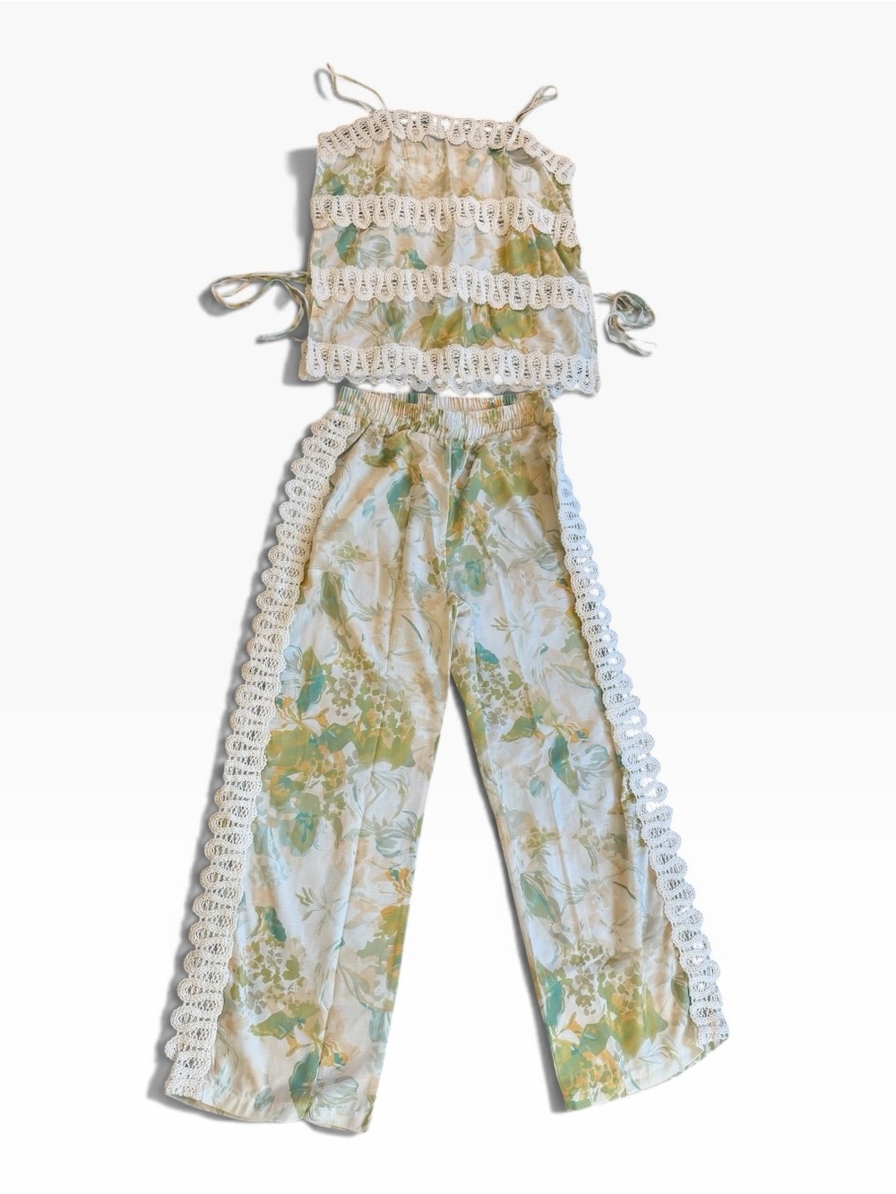 Women's Floral Crochet-Trim Lounge Pants - Green/Yellow